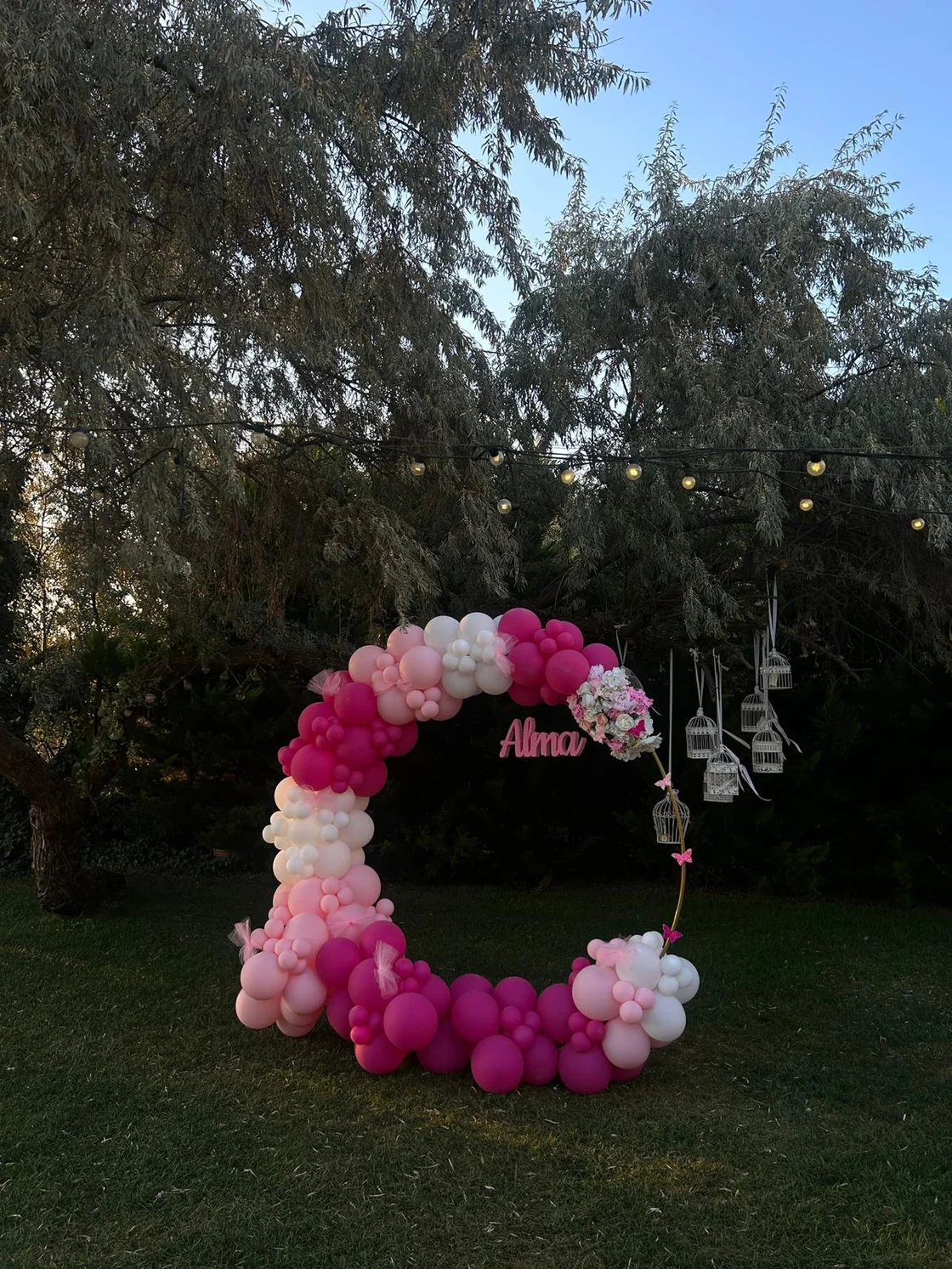 Fotografie originală a arcadei Alma, cu baloane roz și fuchsia, pe gazon.