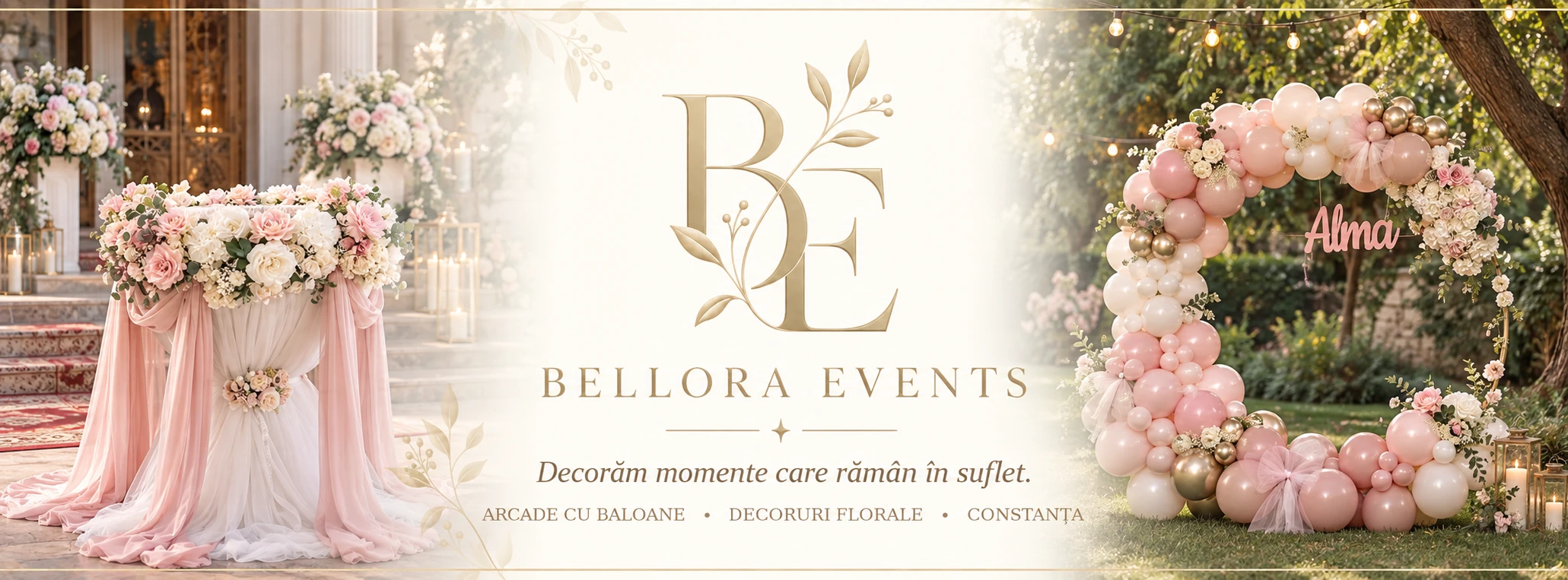 Bellora Events: monograma aurie între un decor floral de botez și arcada Alma în nuanțe roz pudrat, ivory și auriu.