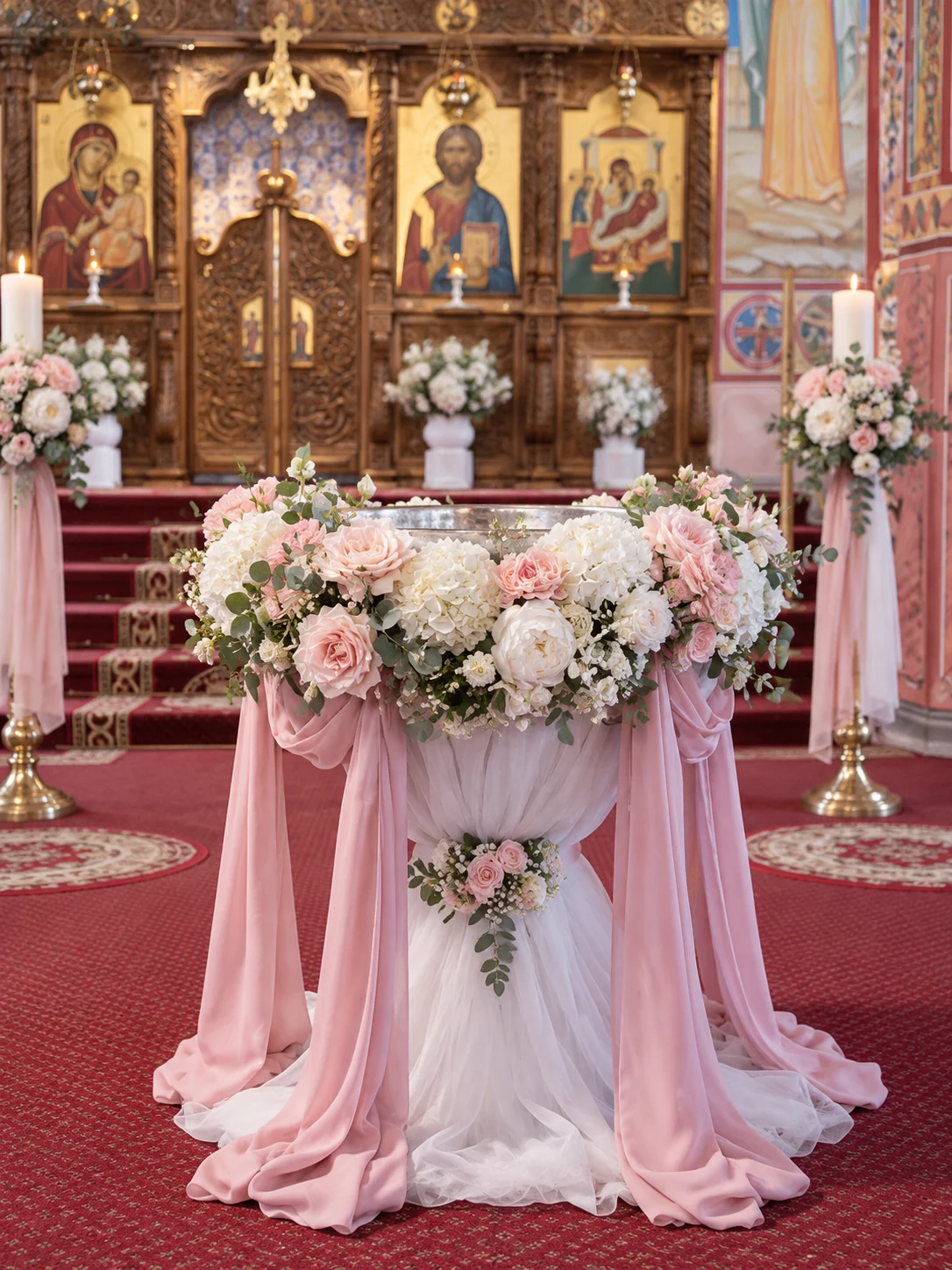 Concept de cristelniță decorată cu flori albe și roz și voaluri, într-o biserică.
