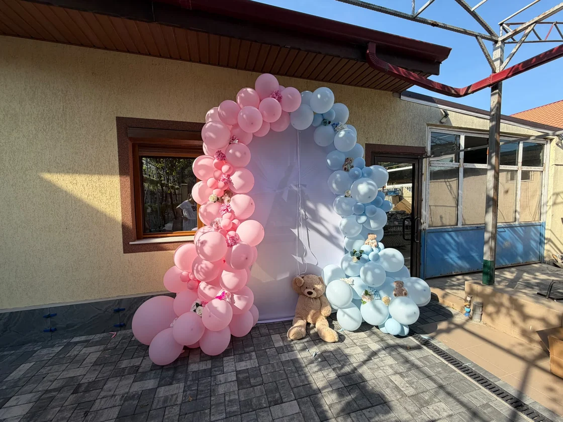 Decor real cu baloane roz și bleu, fundal alb și un ursuleț așezat la bază.